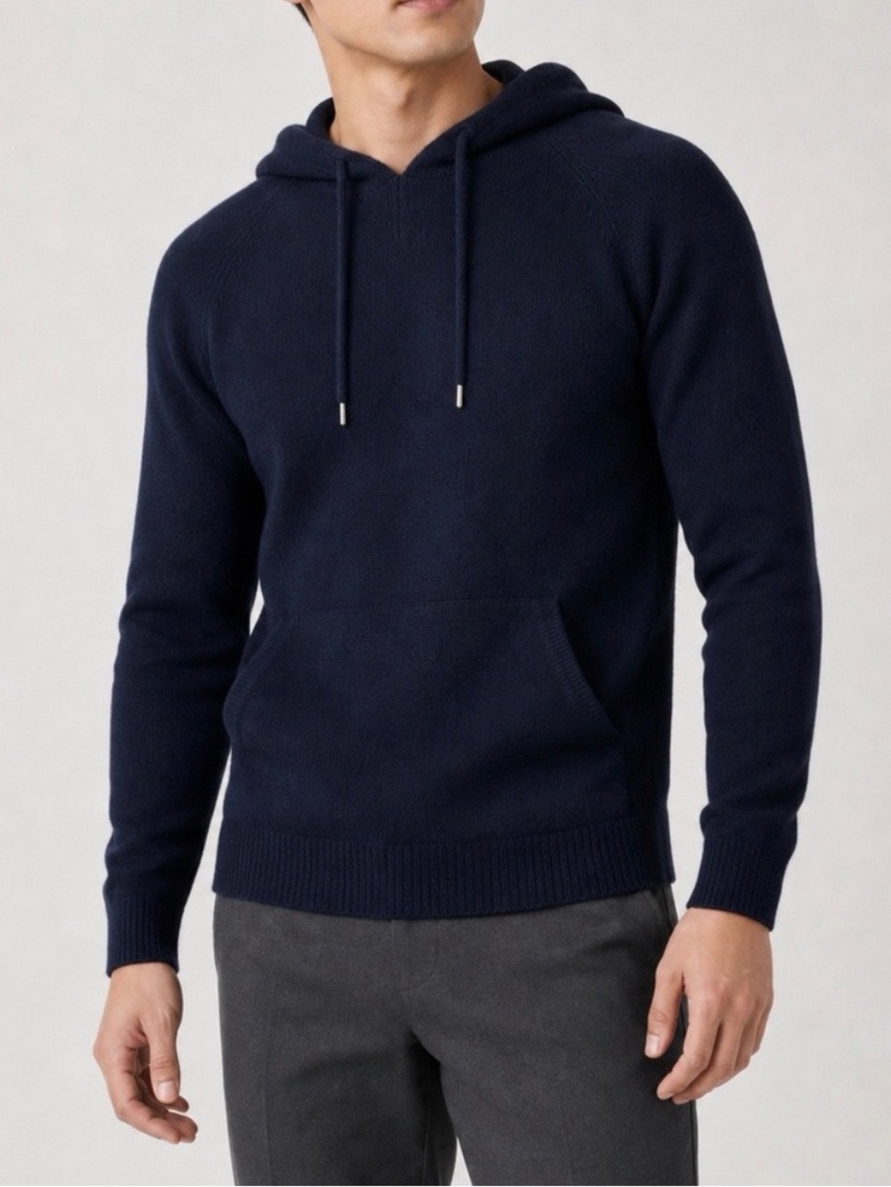 Quince Mongolian Cashmere Pullover Hoodie Pocket True Navy Blue Large EUC
